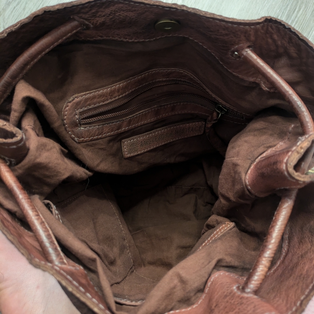 Amsterdam Heritage Brown Leather Braided Handle Drawstring Purse - Picture 3 of 4